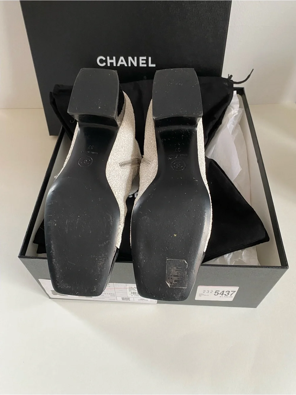 CHANEL White Sequin Ankle Boots with Black Cap Toe. Runway astronaut collection.